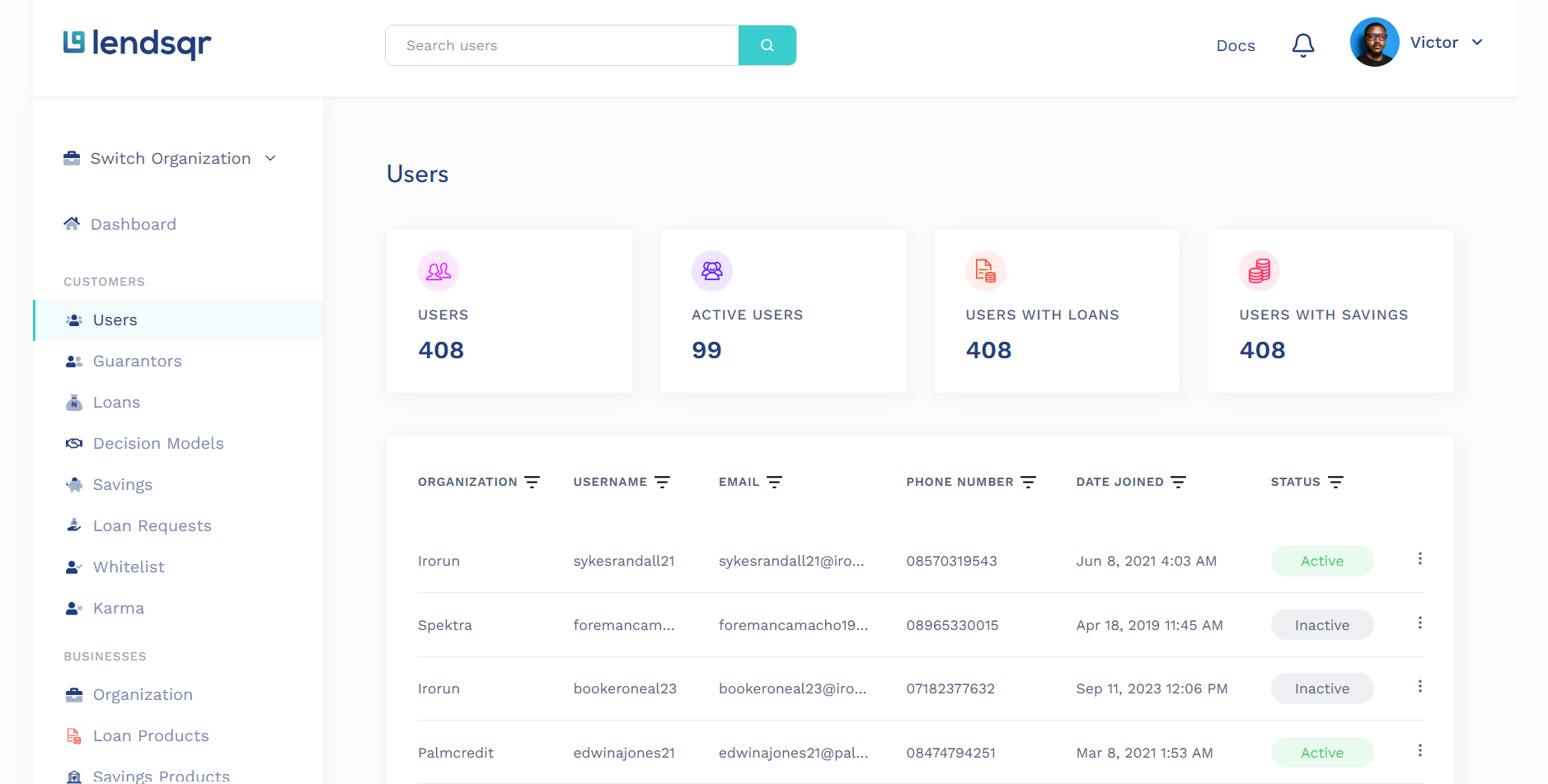 Lendsqr Admin Console screenshot